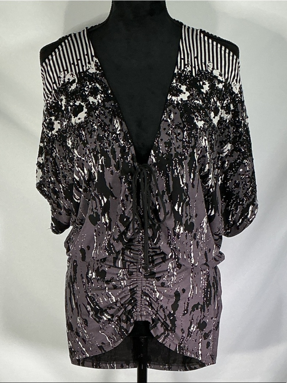 Soul Revival Sequin Blouse XS Black Purple Abstract Tie Front Dolman Sleeve Top